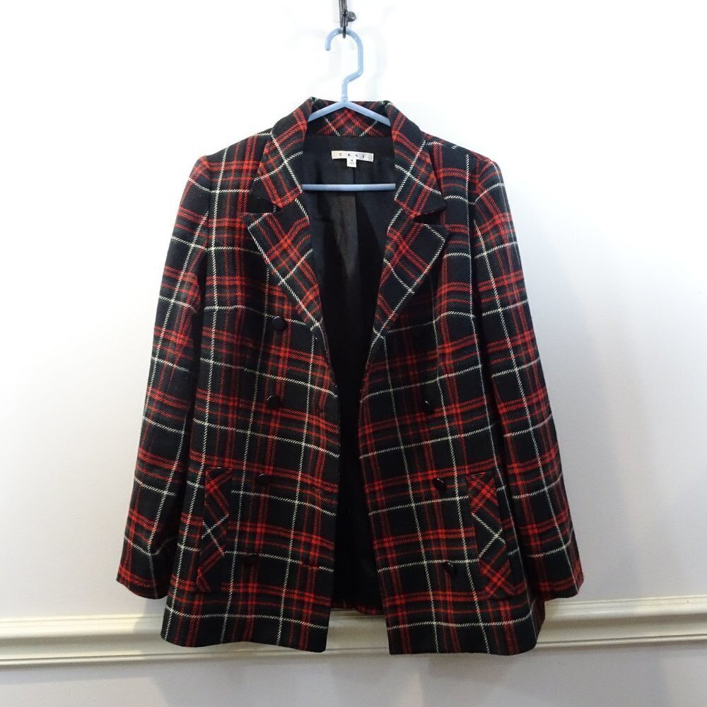 CABI Blazer Manhattan Tartan Plaid Wool Blend Lined Peacoat Size 8 Black Red